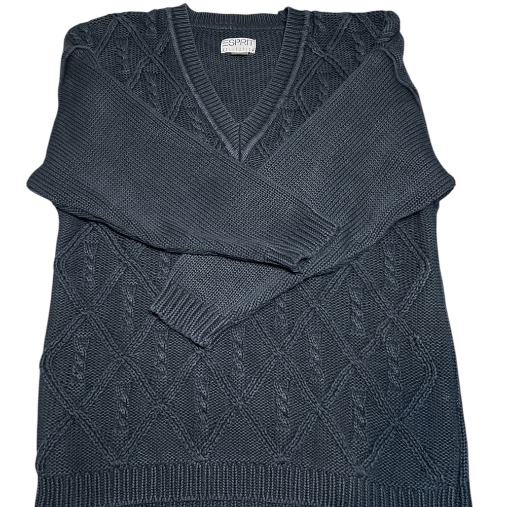 Esprit Charcoal V-Neck fisherman Grandpa cable knit Sweater unisex M